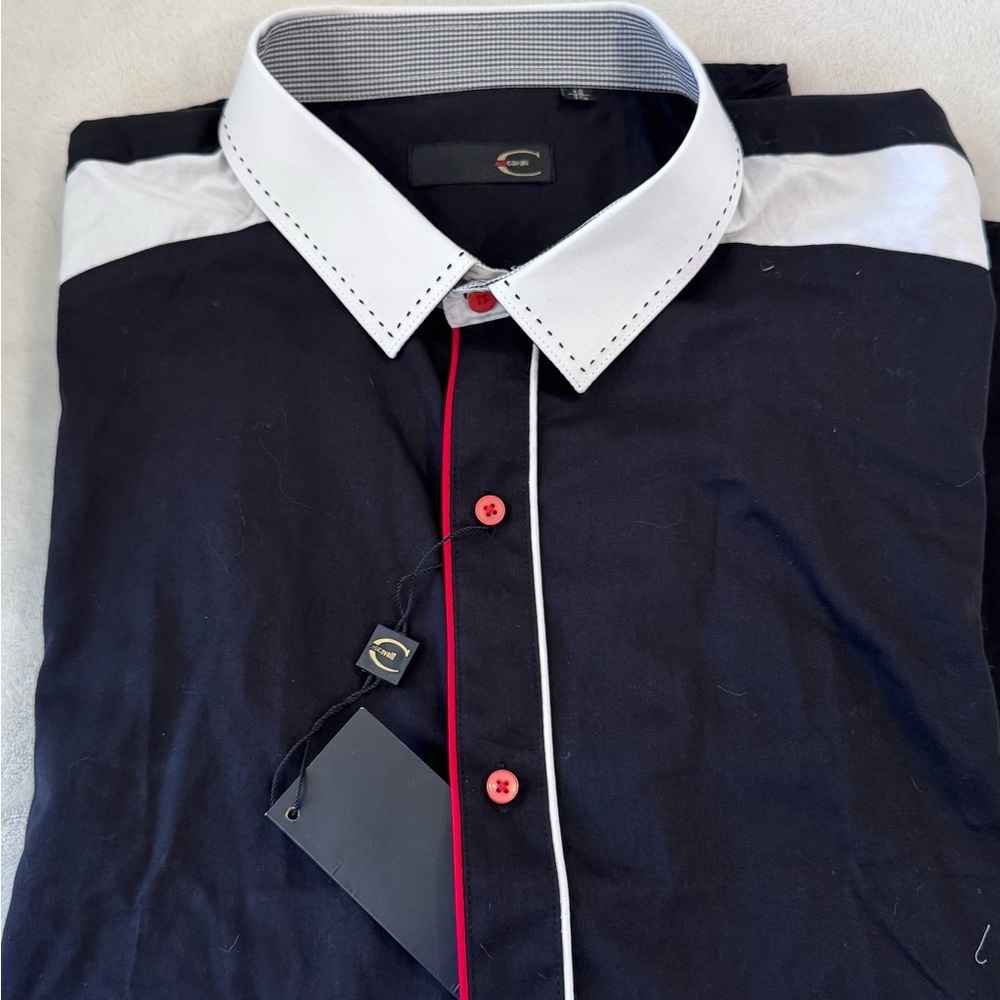 Just Cavalli Black Shirt with White Collar and Red Trim